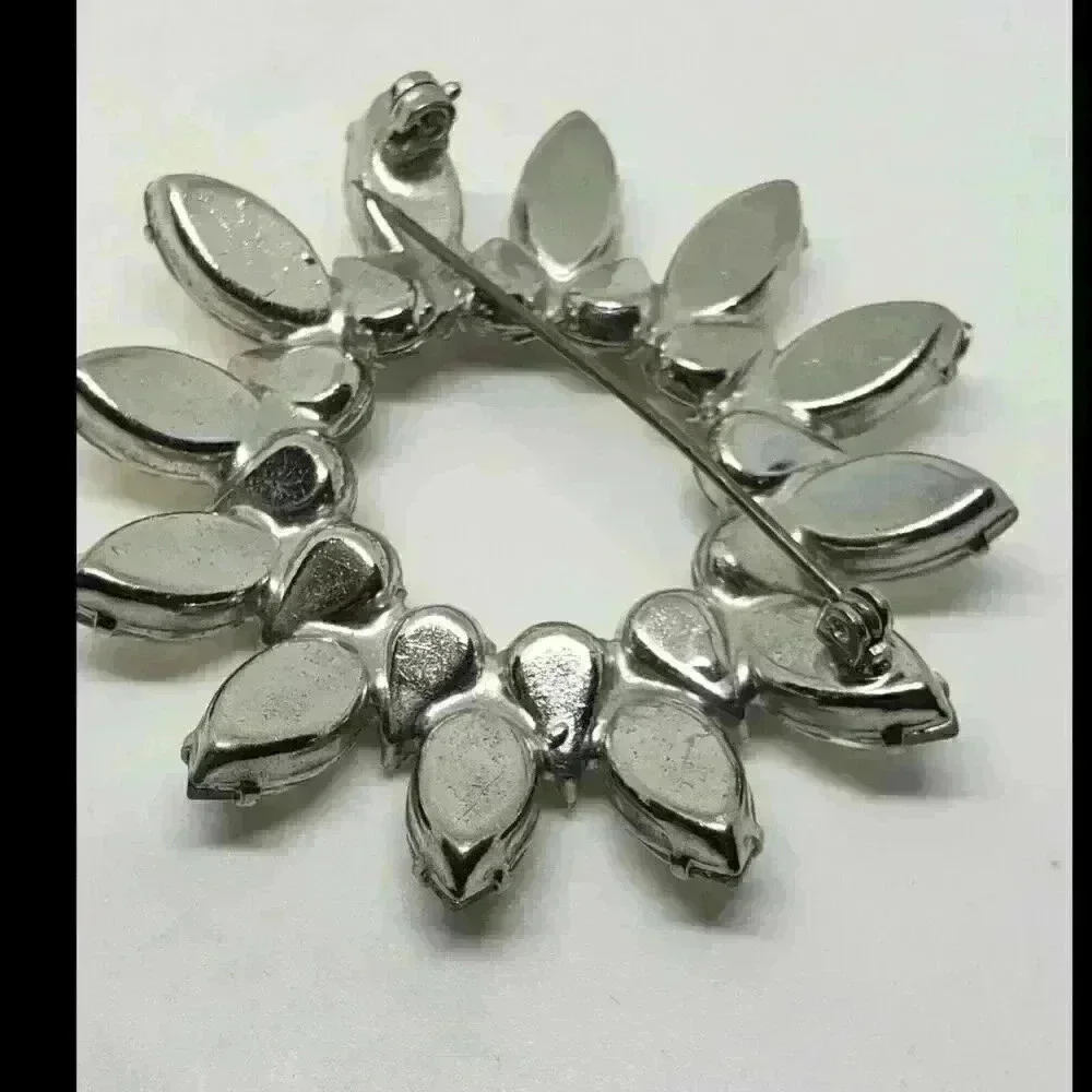 Vintage Brooch Rhinestone Circle Flower Navette & Pear Stones Large